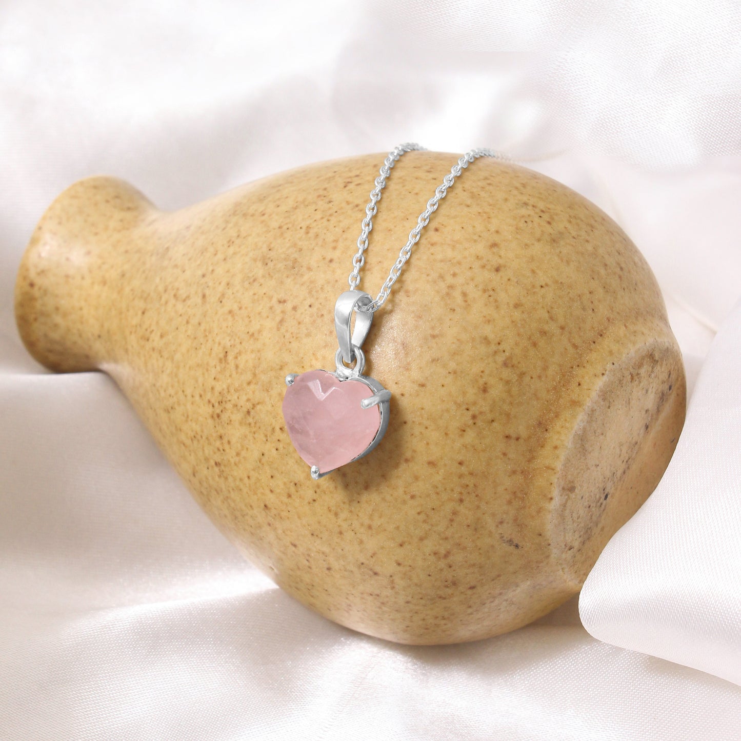 Heart-Shaped Rose Quartz Pendant Necklace – 925 Sterling Silver Chain | Crystal of Love & Emotional Healing