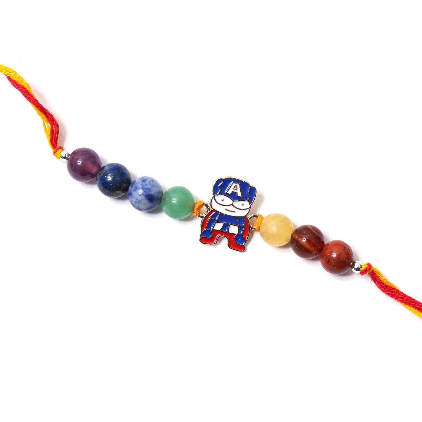 Gemstone Rakhi with Captain-Themed Superhero Charm – Fun & Protective Raksha Bandhan Bracelet for Kids