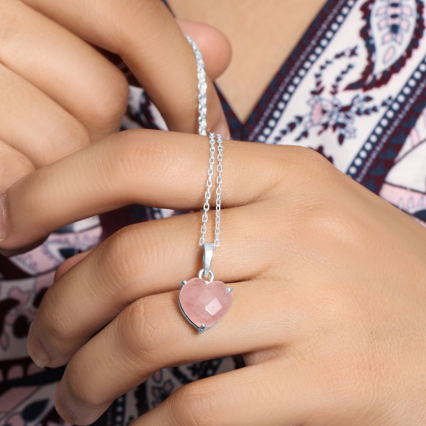 Heart-Shaped Rose Quartz Pendant Necklace – 925 Sterling Silver Chain | Crystal of Love & Emotional Healing