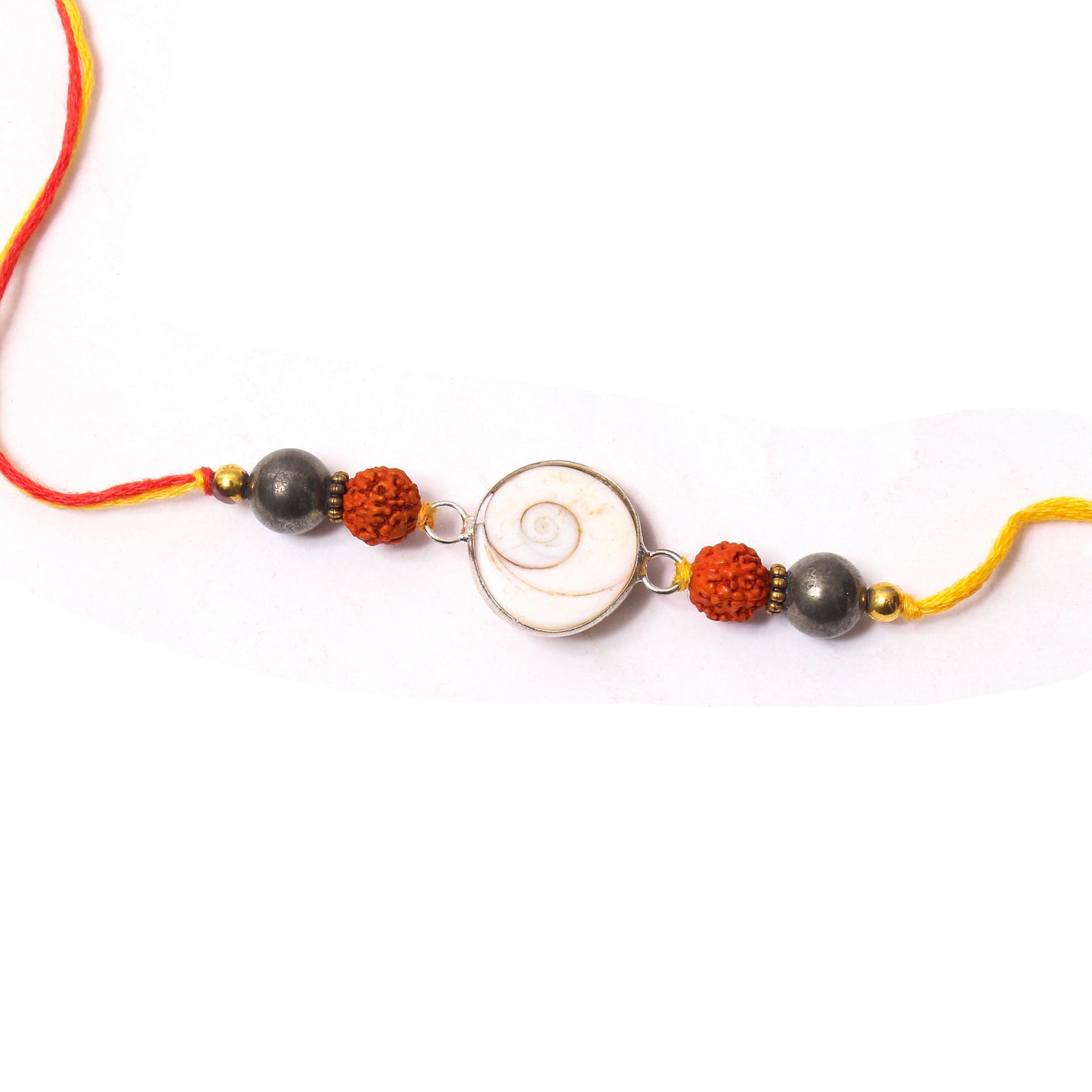 Shankh, Rudraksha & Pyrite Gemstone Rakhi – Spiritual Protection Rakhi for Peace & Prosperity