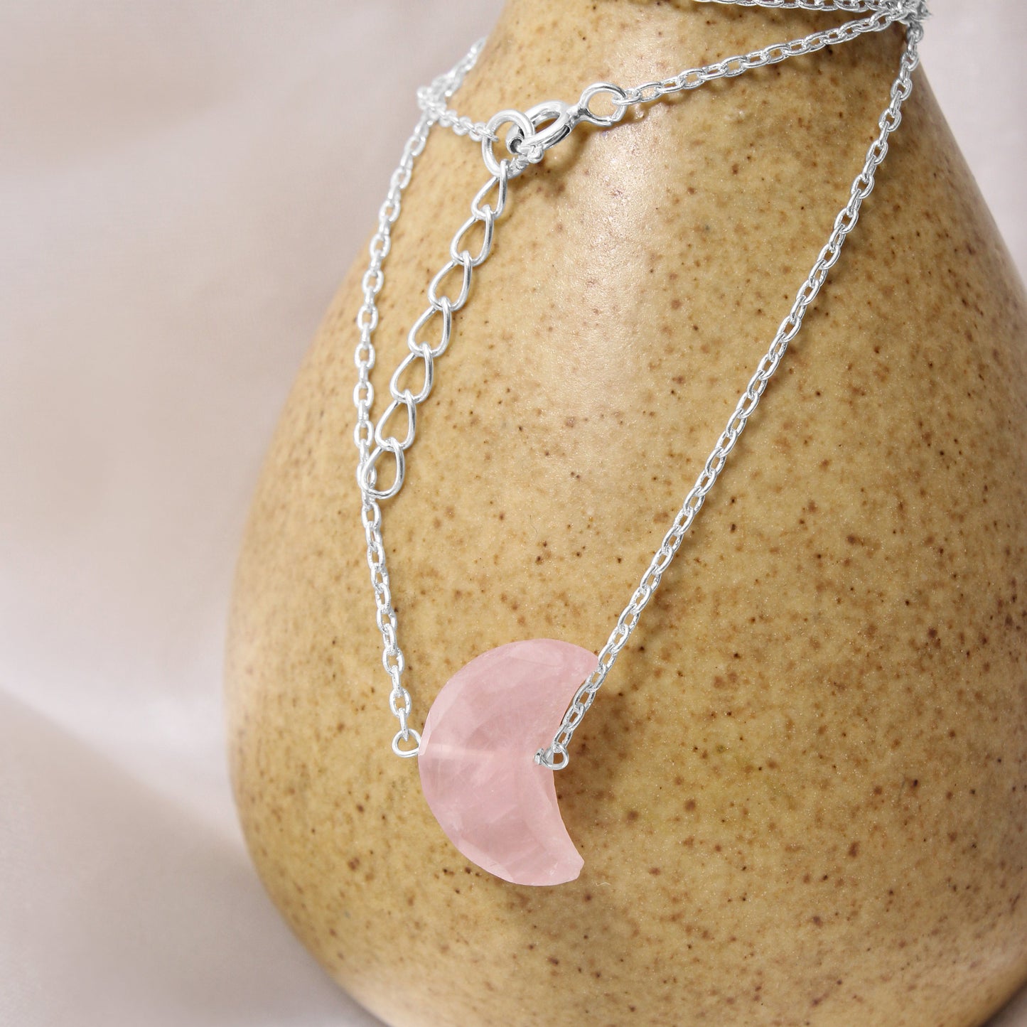 925 Sterling Silver Rose Quartz Crescent Moon Pendant Necklace – Crystal Jewelry for Love, Calm & Feminine Energy