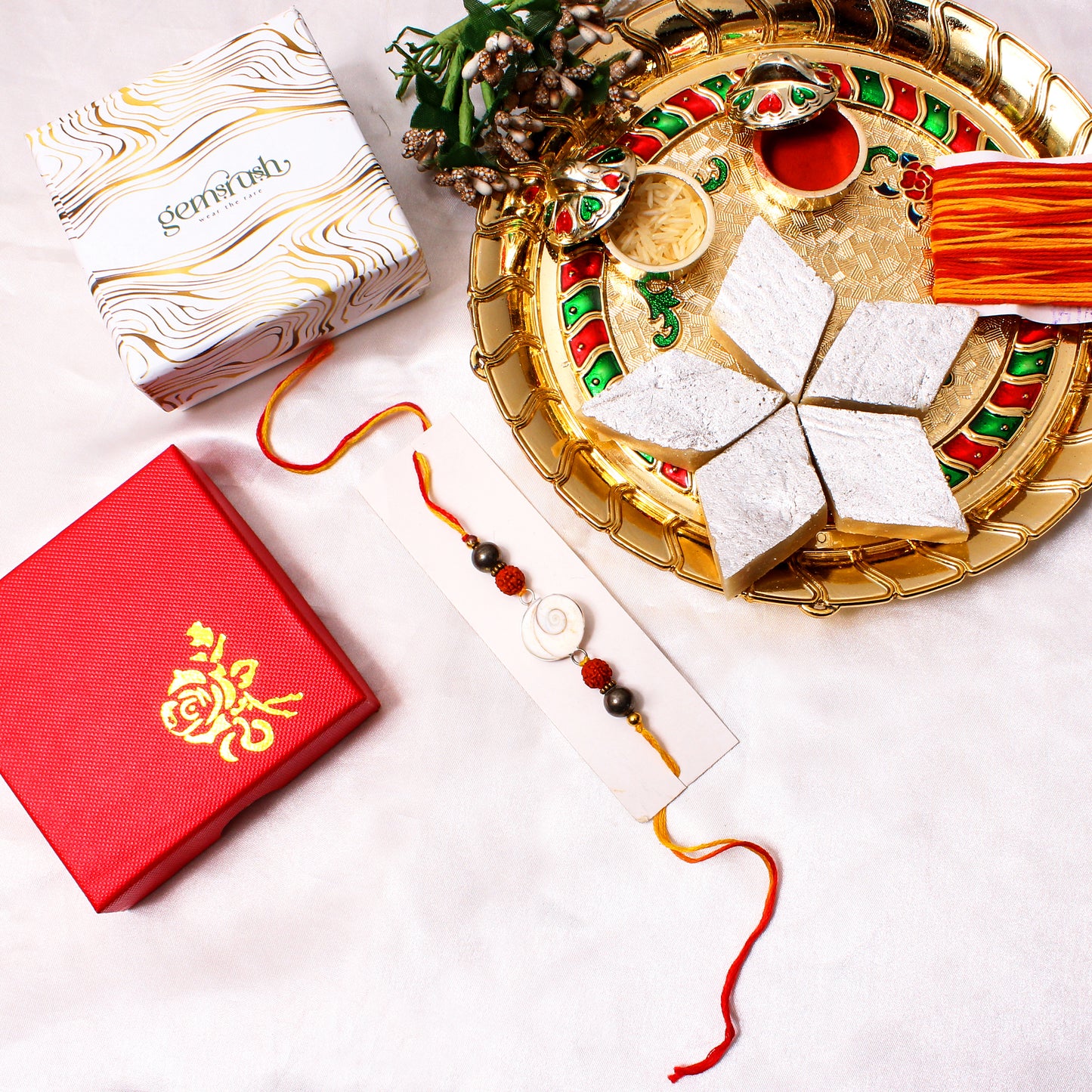 Shankh, Rudraksha & Pyrite Gemstone Rakhi – Spiritual Protection Rakhi for Peace & Prosperity