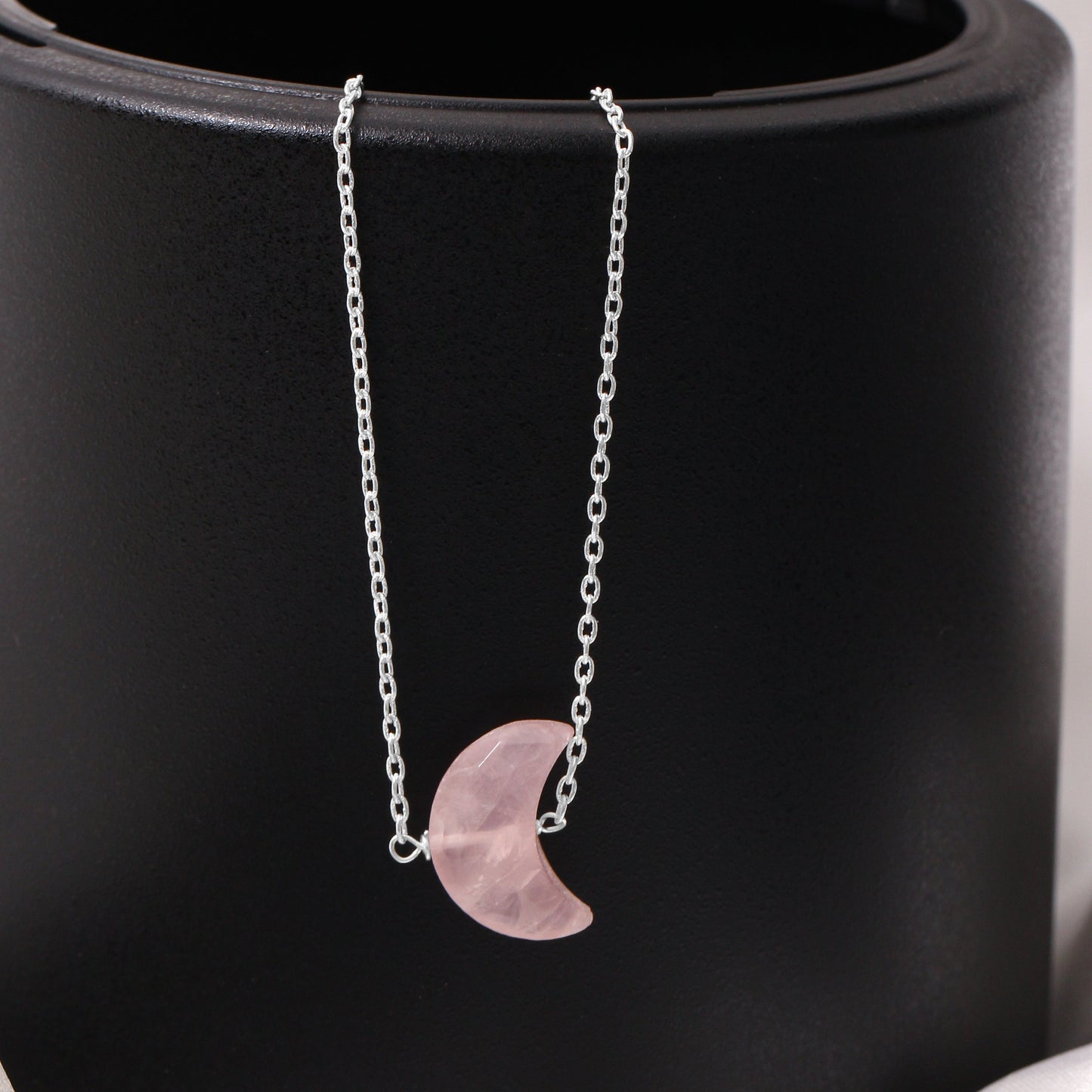 925 Sterling Silver Rose Quartz Crescent Moon Pendant Necklace – Crystal Jewelry for Love, Calm & Feminine Energy