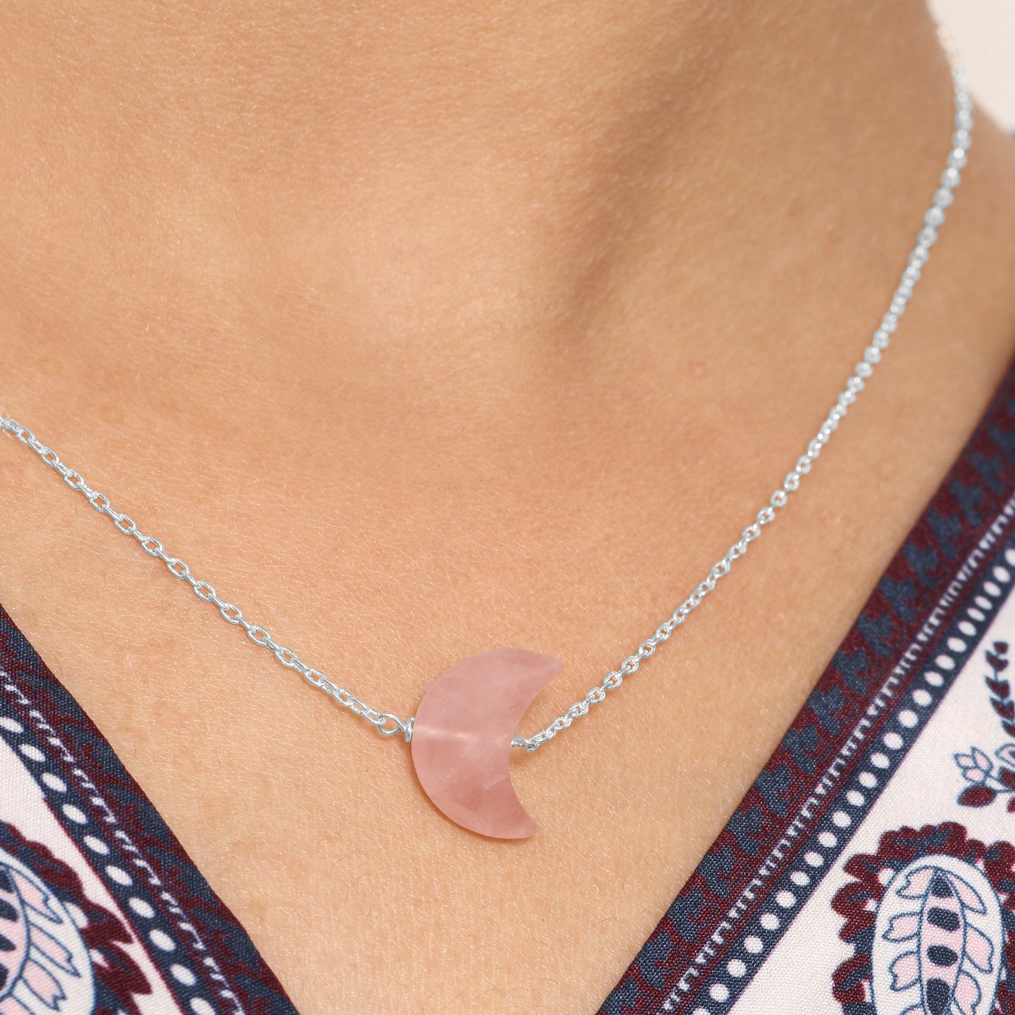 925 Sterling Silver Rose Quartz Crescent Moon Pendant Necklace – Crystal Jewelry for Love, Calm & Feminine Energy