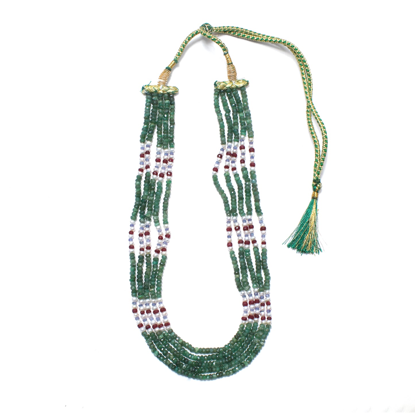 Natural Emerald, Pearl, Ruby & Tanzanite 5-Layer Sarafa Necklace – Luxurious Multi-Gemstone Jewelry for Royal Elegance