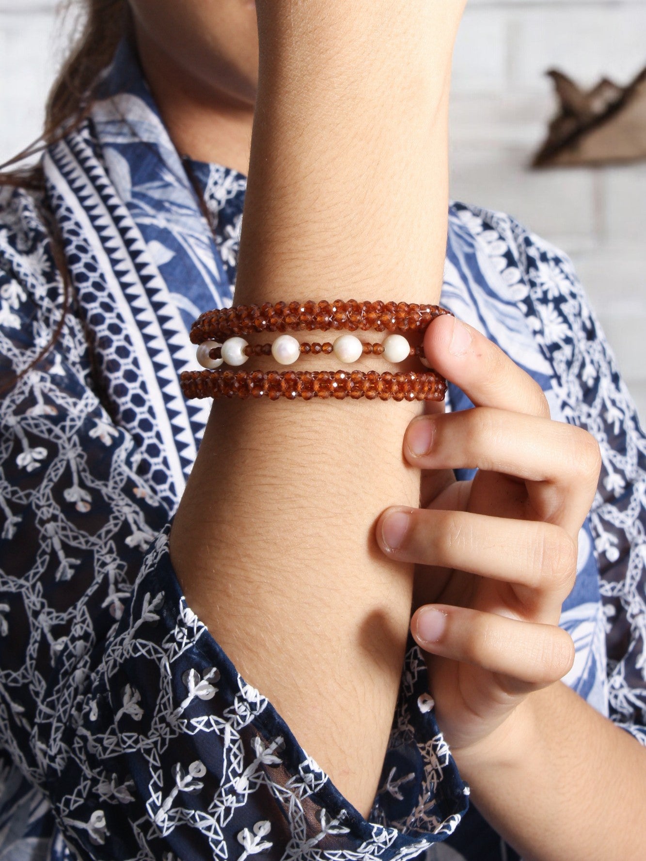 Hessonite (Gomed) and Pearl Stratchable Bangle – Remove Rahu Dosh & Overcome Obstacles