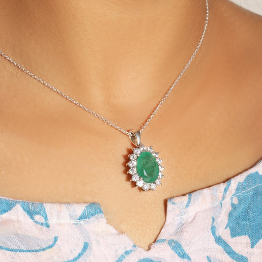 Natural Emerald Oval Pendant in Sterling Silver – Classic Green Gemstone Necklace Pendant, May Birthstone Jewelry