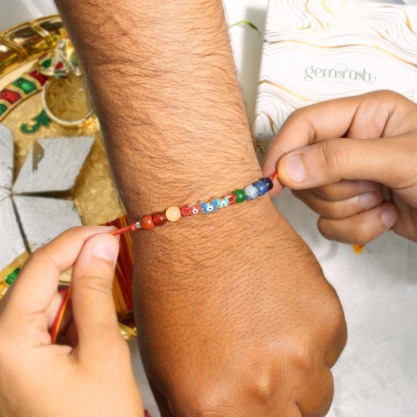 Butterfly Evil Eye Charm Gemstone Rakhi – Vibrant Protection & Love