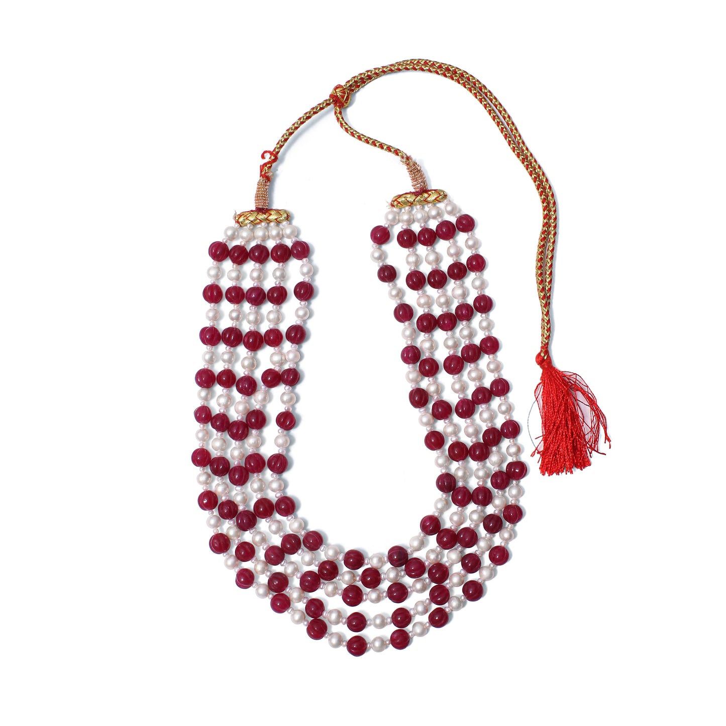 Natural Pink Quartz & Pearl 5-Layered Sarafa Necklace – Elegant Multi-Strand Statement Jewelry