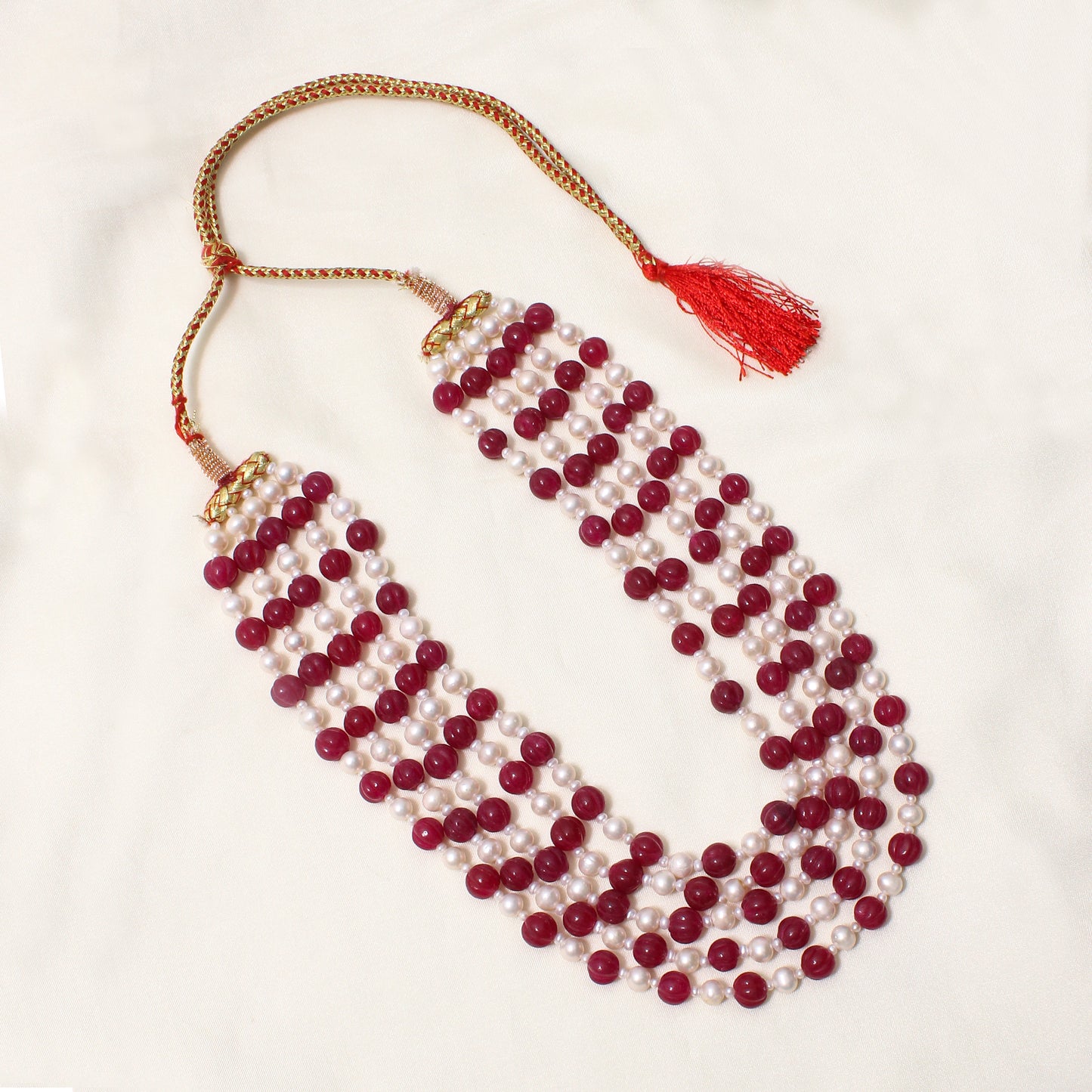 Natural Pink Quartz & Pearl 5-Layered Sarafa Necklace – Elegant Multi-Strand Statement Jewelry