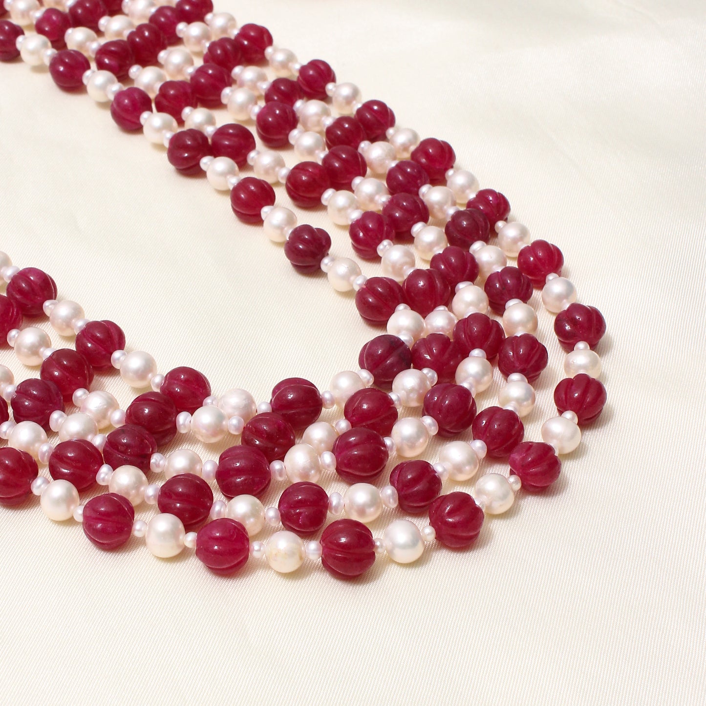 Natural Pink Quartz & Pearl 5-Layered Sarafa Necklace – Elegant Multi-Strand Statement Jewelry