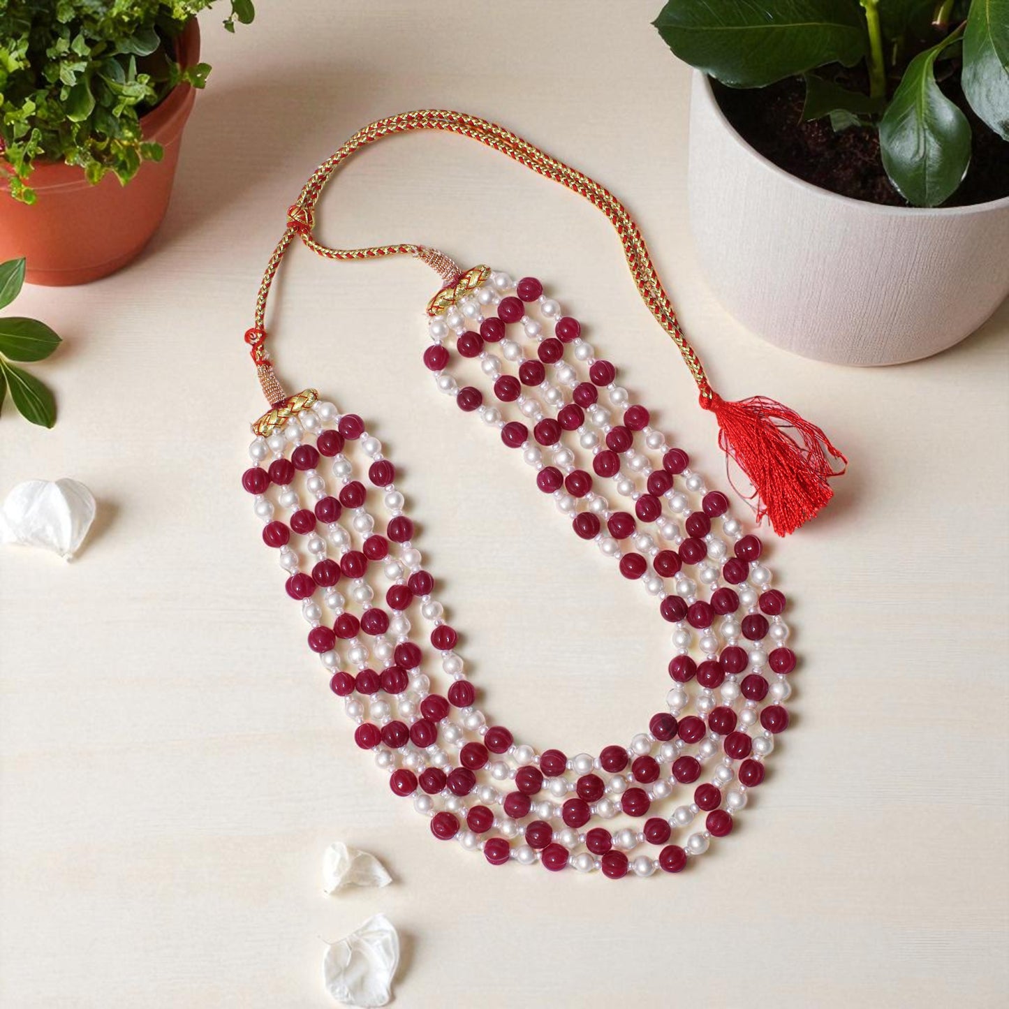 Natural Pink Quartz & Pearl 5-Layered Sarafa Necklace – Elegant Multi-Strand Statement Jewelry