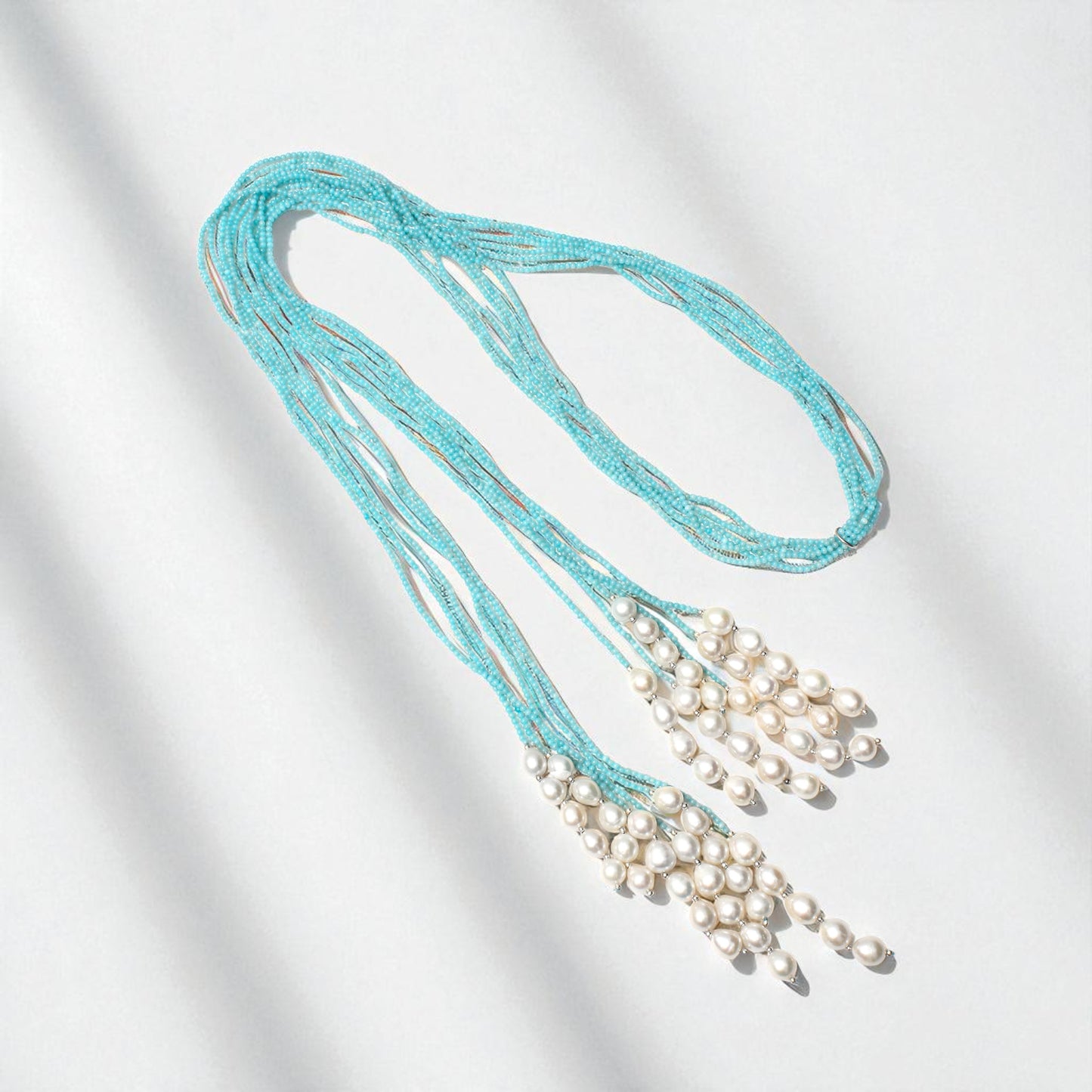 Elegant Natural Pearl & Amazonite Multi-Strand Designer Necklace – Handmade Healing Jewelry for Calm & Balance