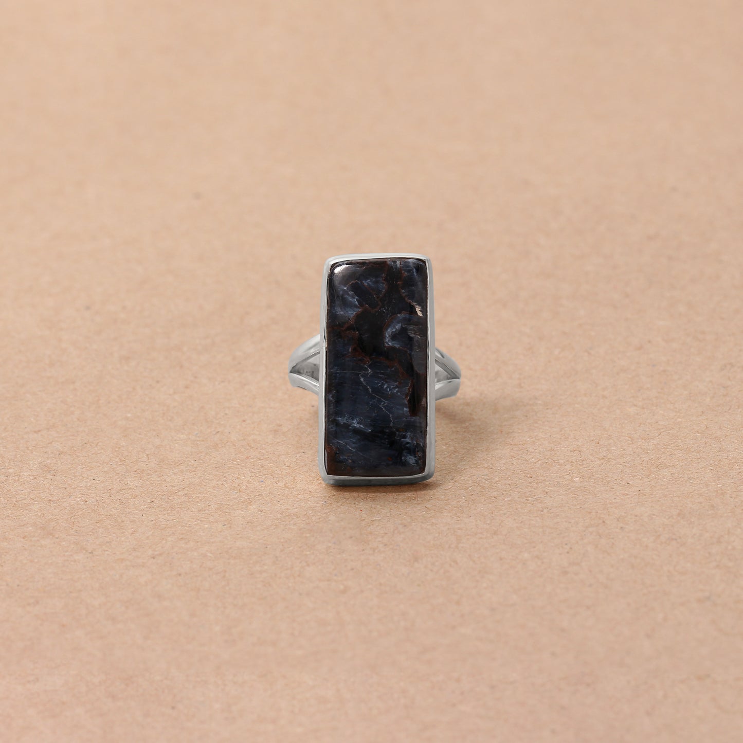 Elegant 925 Sterling Silver Pietersite Rectangular Gemstone Ring