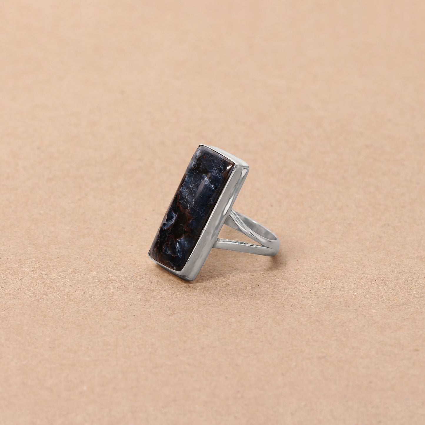 Elegant 925 Sterling Silver Pietersite Rectangular Gemstone Ring