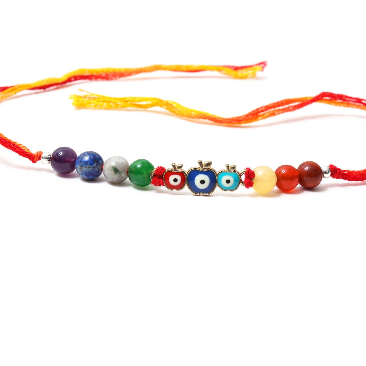 Multicolor Evil Eye Apple Charm Gemstone Rakhi – Amethyst, Lapis, Pyrite, Aventurine & More