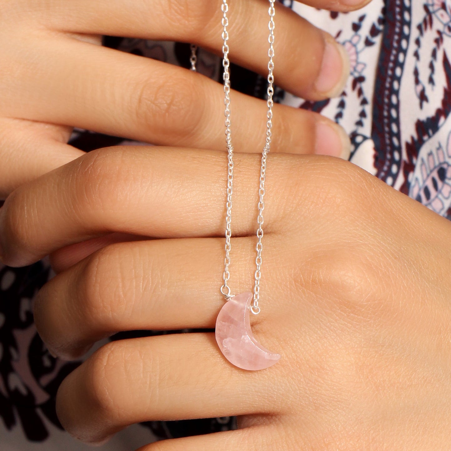 Natural Rose Quartz Crescent Moon Pendant Necklace – 925 Sterling Silver Chain | Crystal for Love & Inner Peace