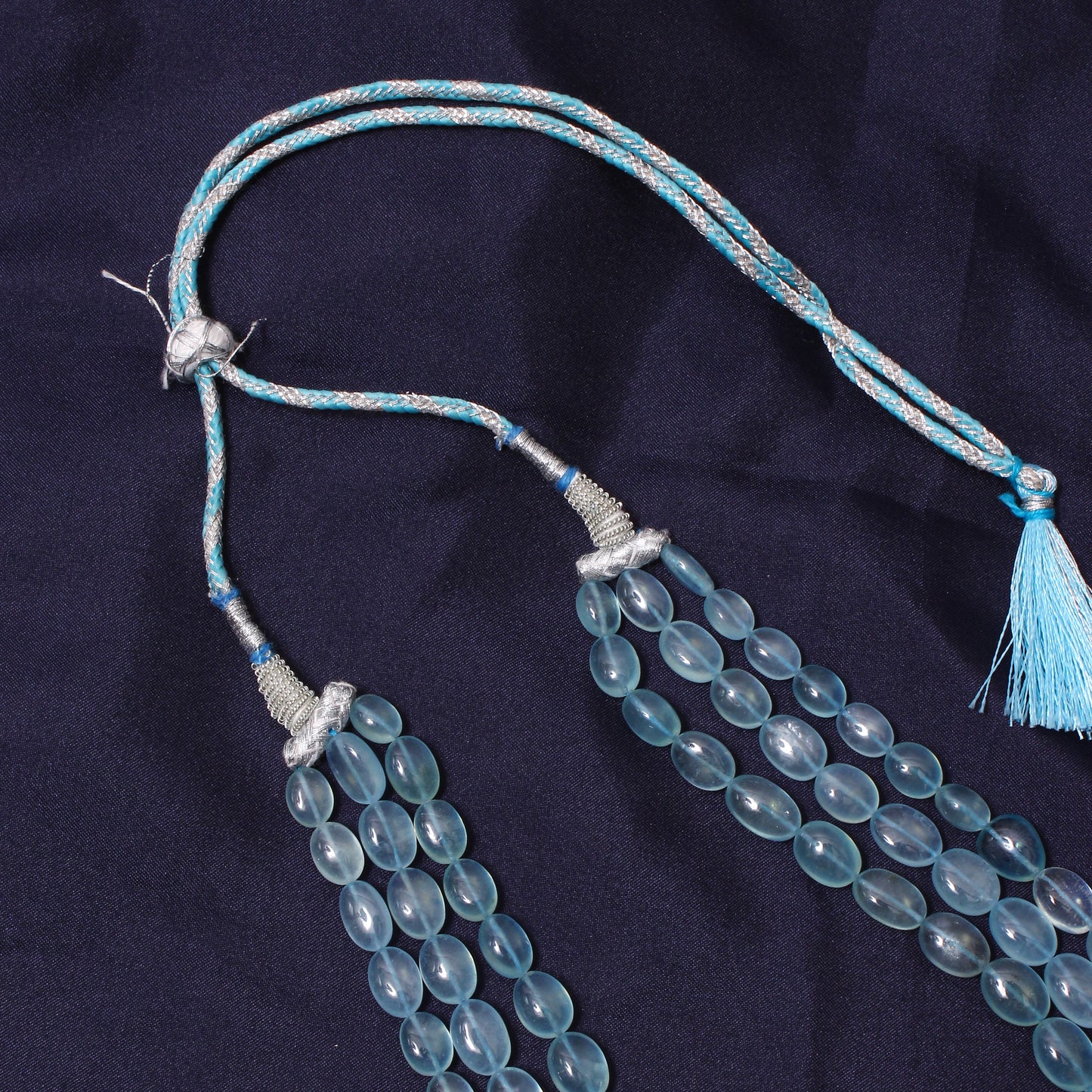 Premium Natural Aquamarine 3-Layer Sarafa Necklace – High-Quality Calming Blue Gemstone Jewelry