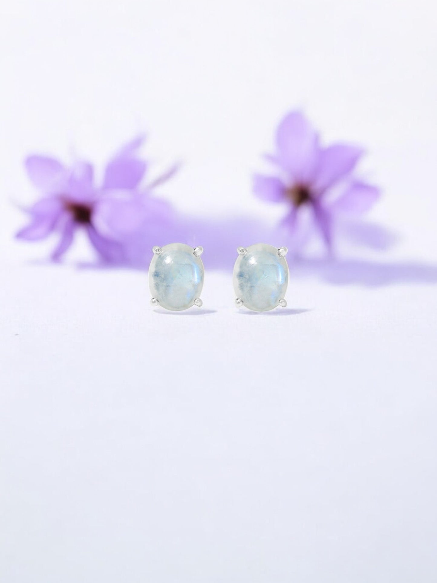 Natural Rainbow Moonstone Stud Earrings – 925 Sterling Silver | Elegant & Minimalist Gemstone Jewelry
