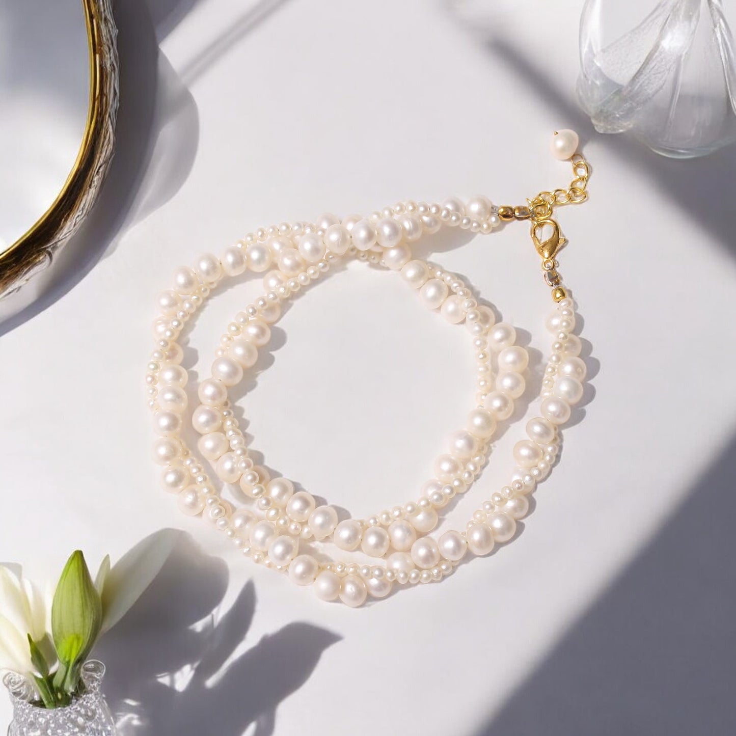 Elegant Double-Strand Freshwater Pearl Necklace with Gold Accents