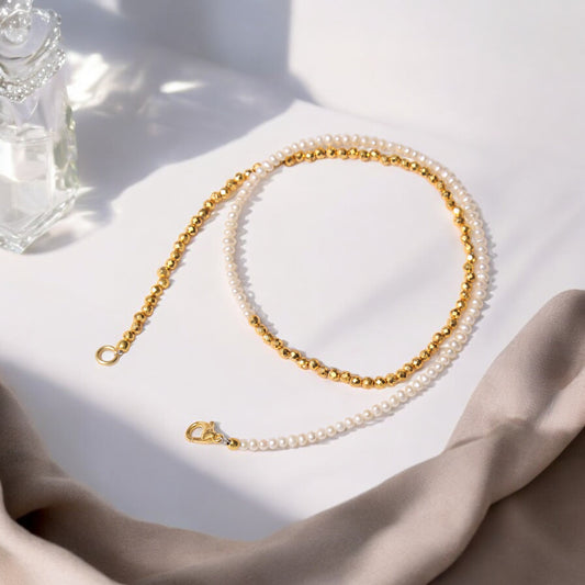 Elegant Pearl and Golden Pyrite Beaded Necklace - Classic Style for Any Occasion