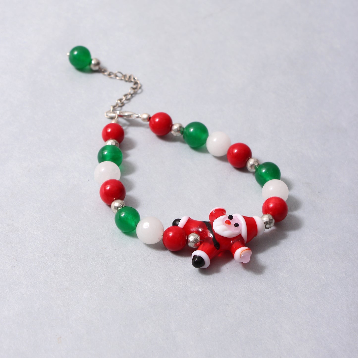 Green Onyx, Coral, and White Moonstone Christmas Bracelet with Santa Charm