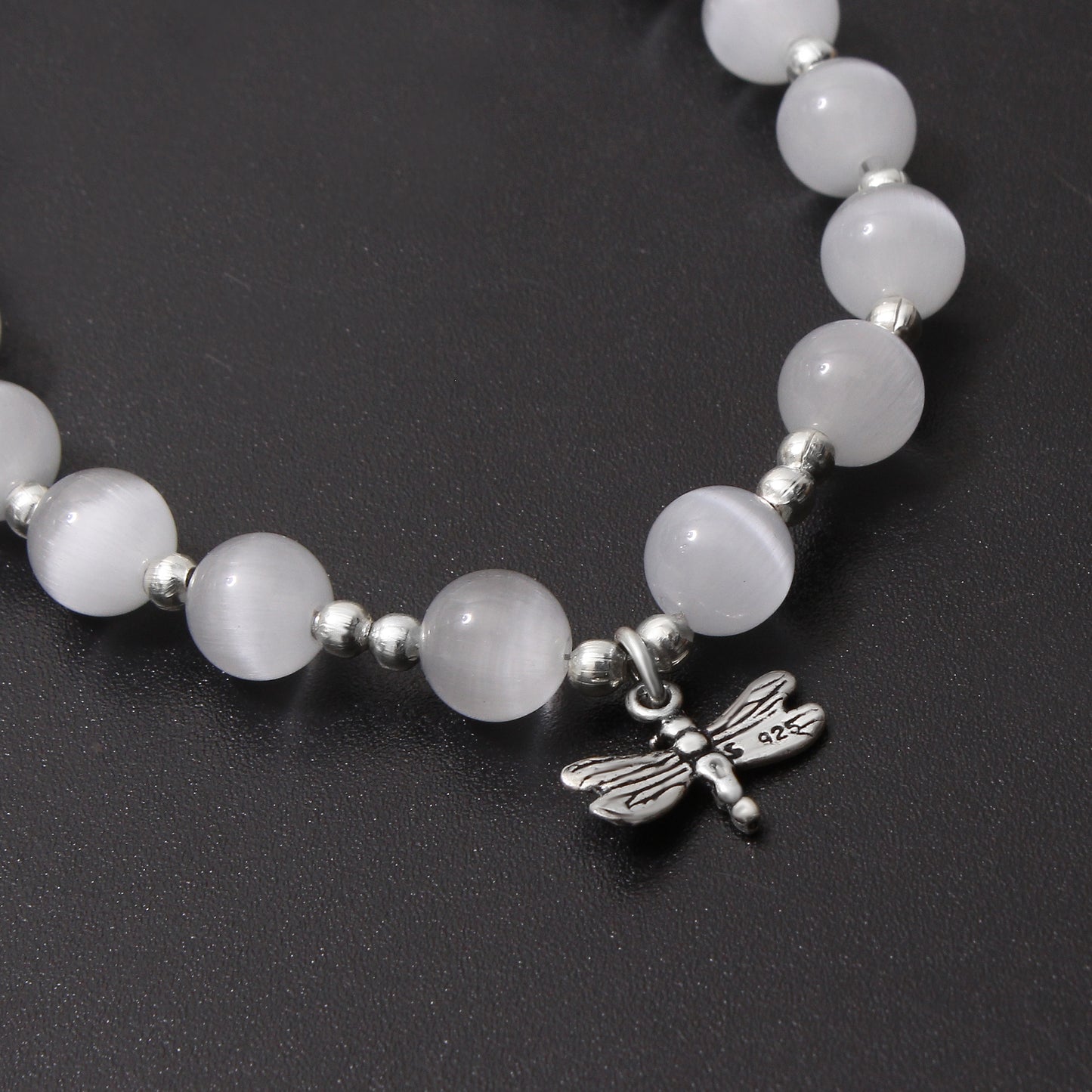 Elegant Selenite Beaded Bracelet with Dragonfly Charm – Pure Serenity