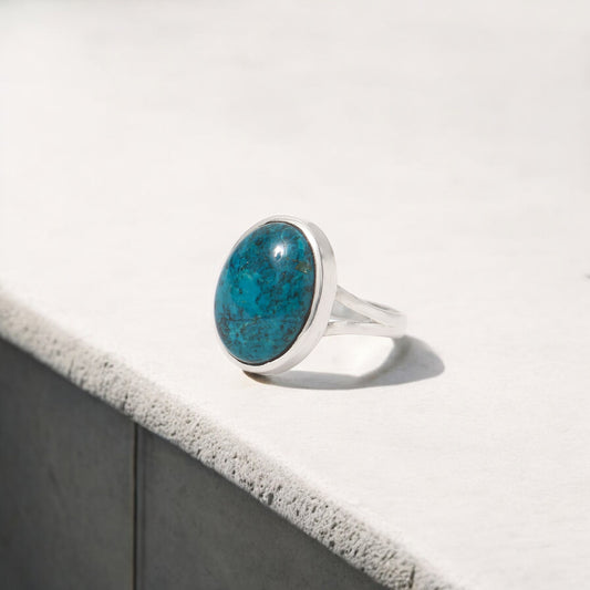 Elegant 925 Sterling Silver Chrysocolla Oval Ring – Genuine Green-Blue Gemstone Jewelry