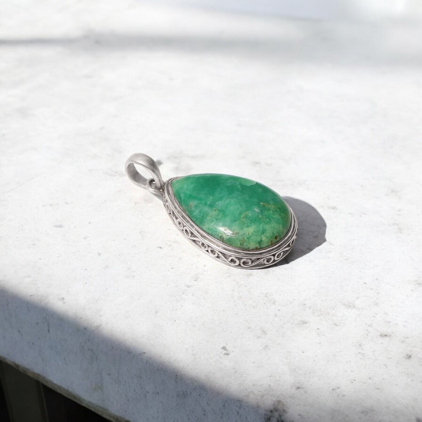 925 Sterling Silver Chrysoprase Teardrop Pendant Necklace