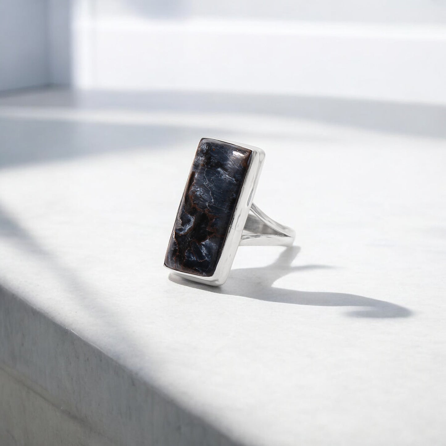 Elegant 925 Sterling Silver Pietersite Rectangular Gemstone Ring