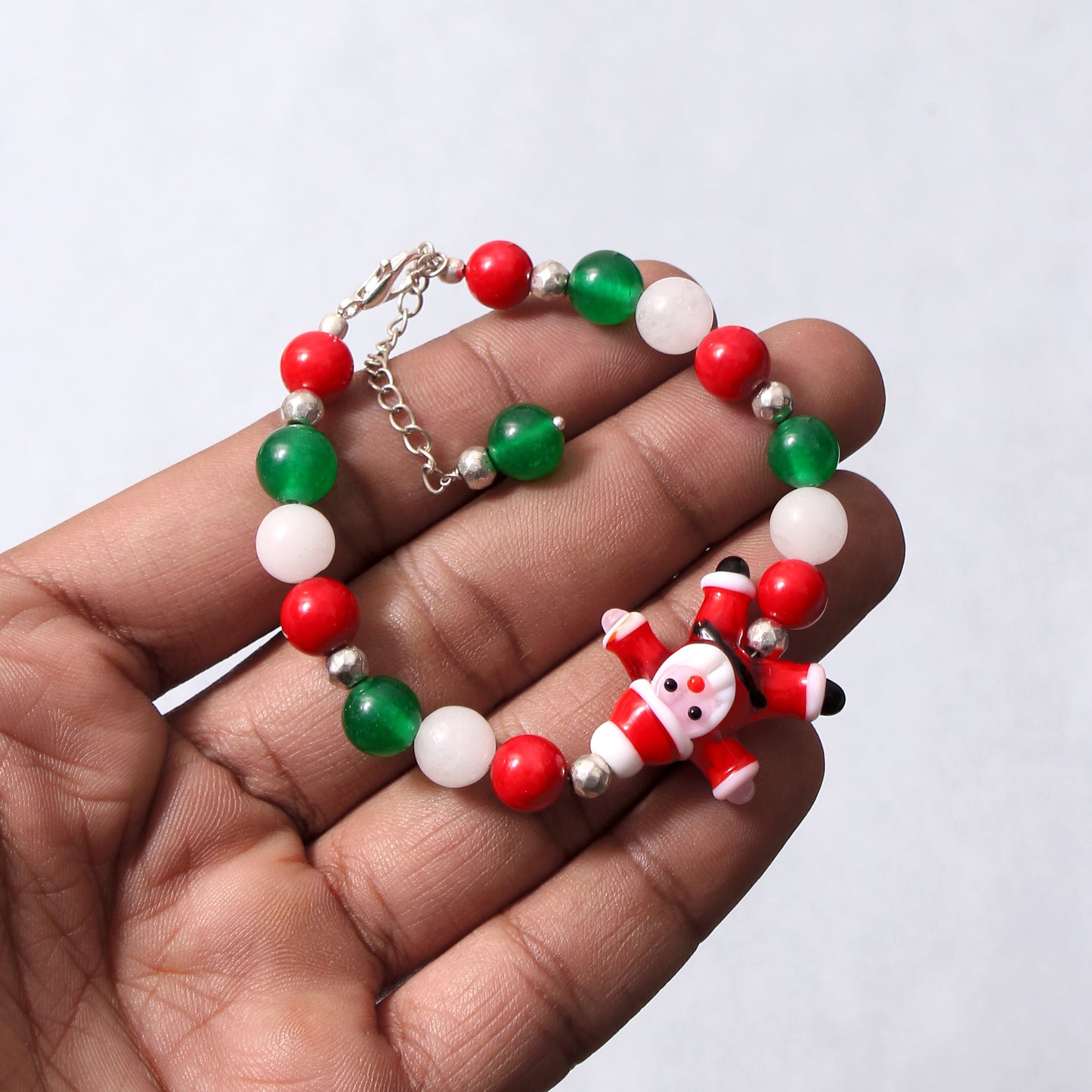 Green Onyx, Coral, and White Moonstone Christmas Bracelet with Santa Charm