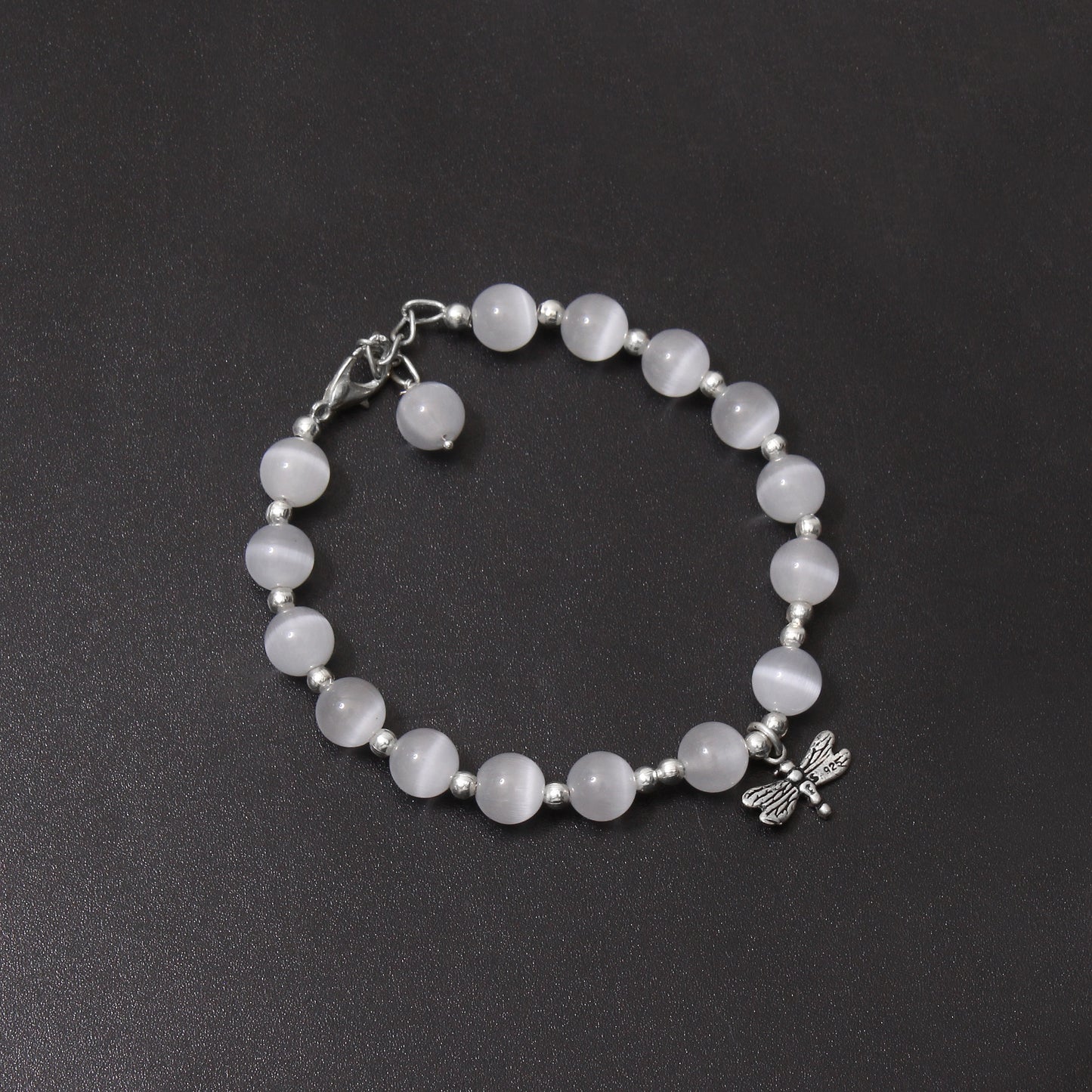 Elegant Selenite Beaded Bracelet with Dragonfly Charm – Pure Serenity