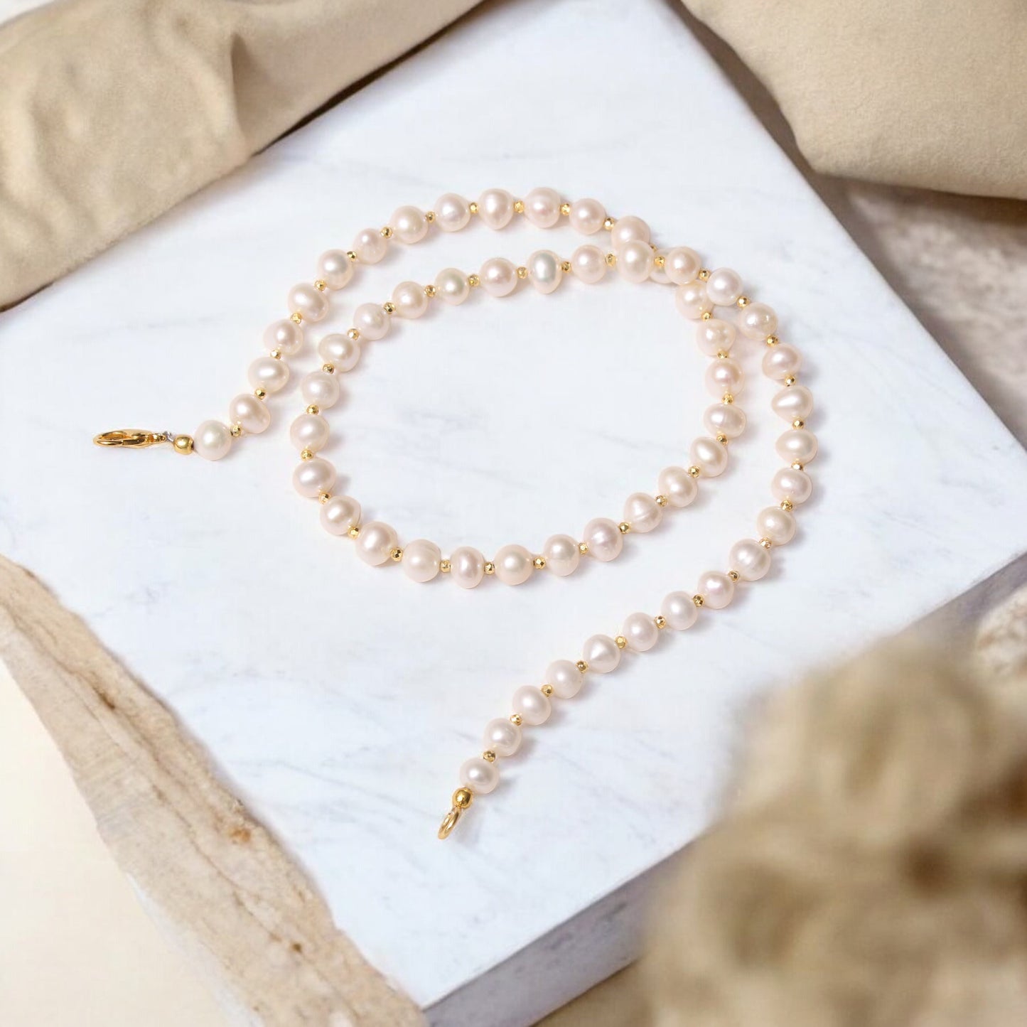 Pearl And Golden pyrite Beaded Gemstone Necklace
