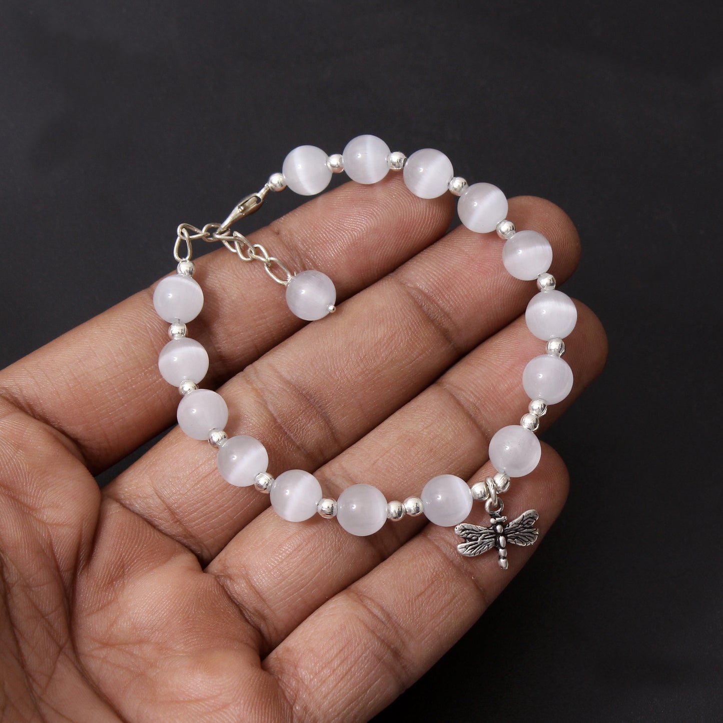 Elegant Selenite Beaded Bracelet with Dragonfly Charm – Pure Serenity