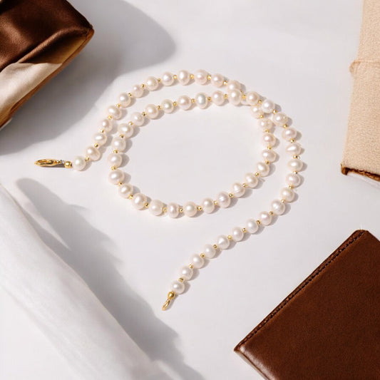 Pearl And Golden pyrite Beaded Gemstone Necklace