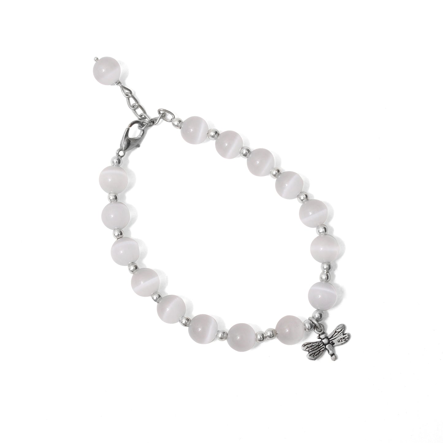 Elegant Selenite Beaded Bracelet with Dragonfly Charm – Pure Serenity