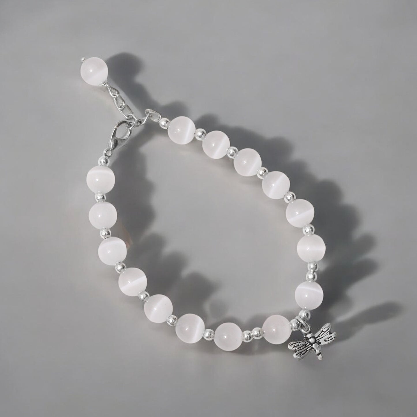 Elegant Selenite Beaded Bracelet with Dragonfly Charm – Pure Serenity