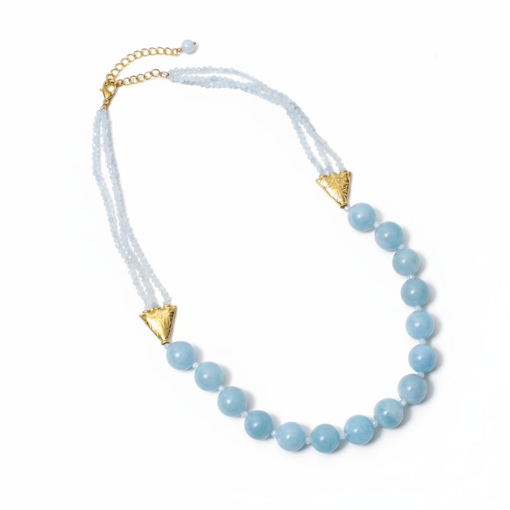 Natural Aquamarine Beaded Gemstone Necklace – Handmade Blue Aquamarine Crystal Choker with Gold Accents