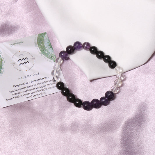 Aquarius Zodiac Bracelet (Kumbh Rashi) | Natural Amethyst, Black Tourmaline & Crystal Quartz