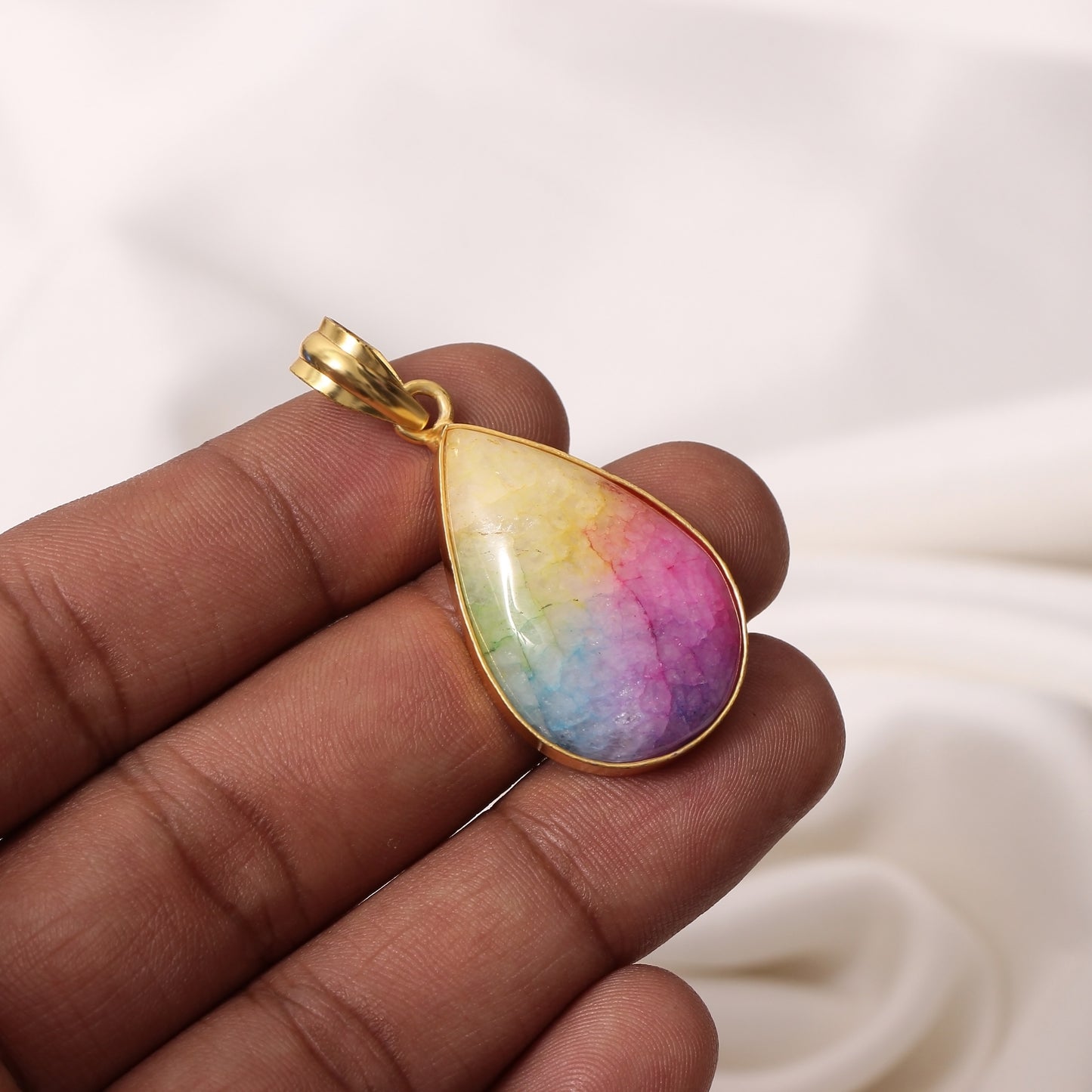 925 Sterling Silver Solar Quartz Gemstone Pendant Necklace - Vibrant Multi-Color Jewelry