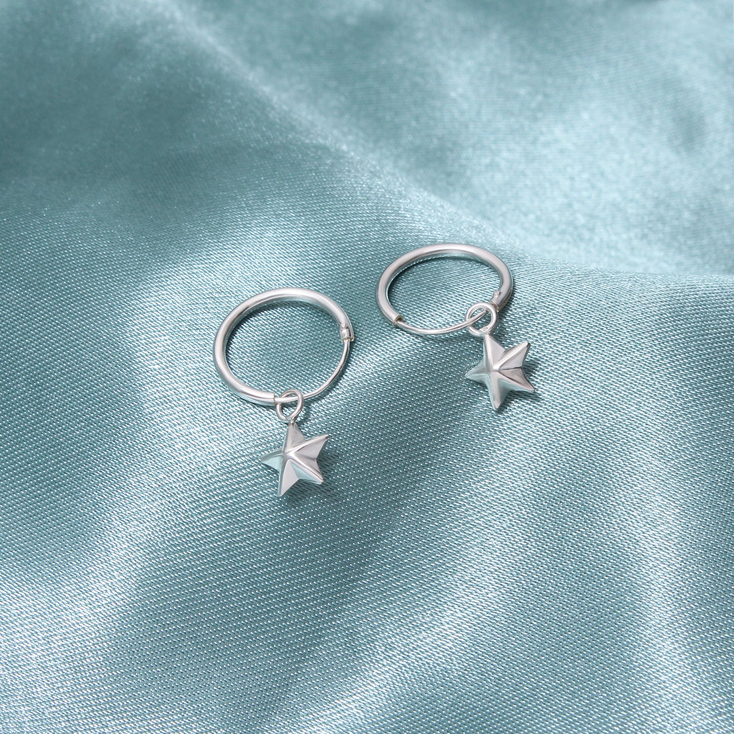 925 Solid Sterling Silver Micro Hoop and Star Drop Earrings