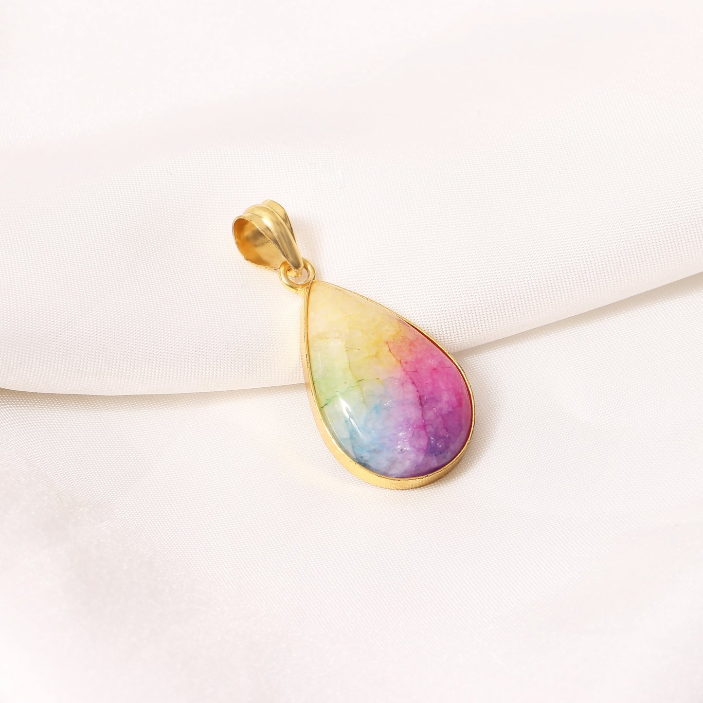 925 Sterling Silver Solar Quartz Gemstone Pendant Necklace - Vibrant Multi-Color Jewelry