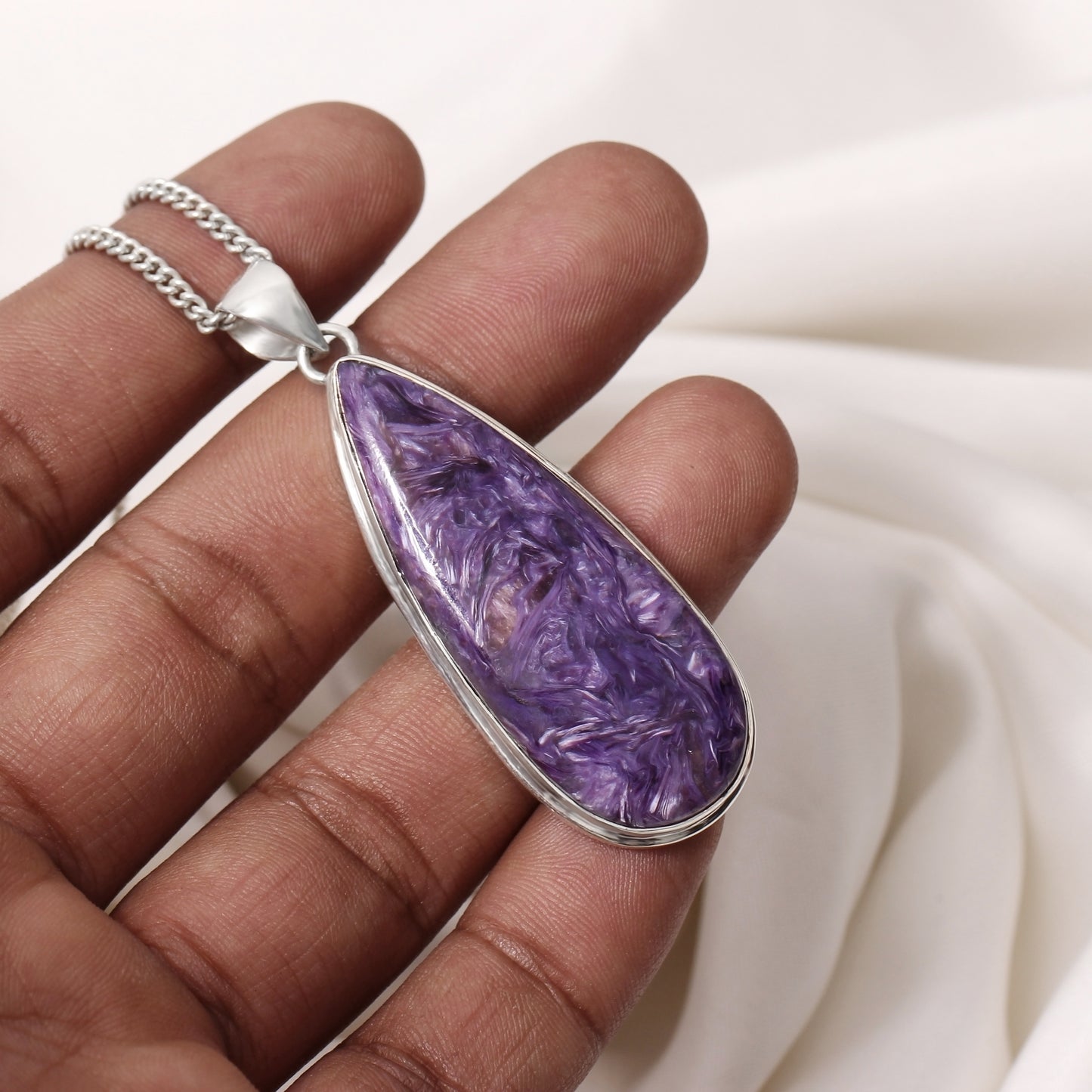 925 Sterling Silver Charoite Pendant Necklace - Teardrop Healing Crystal Jewelry