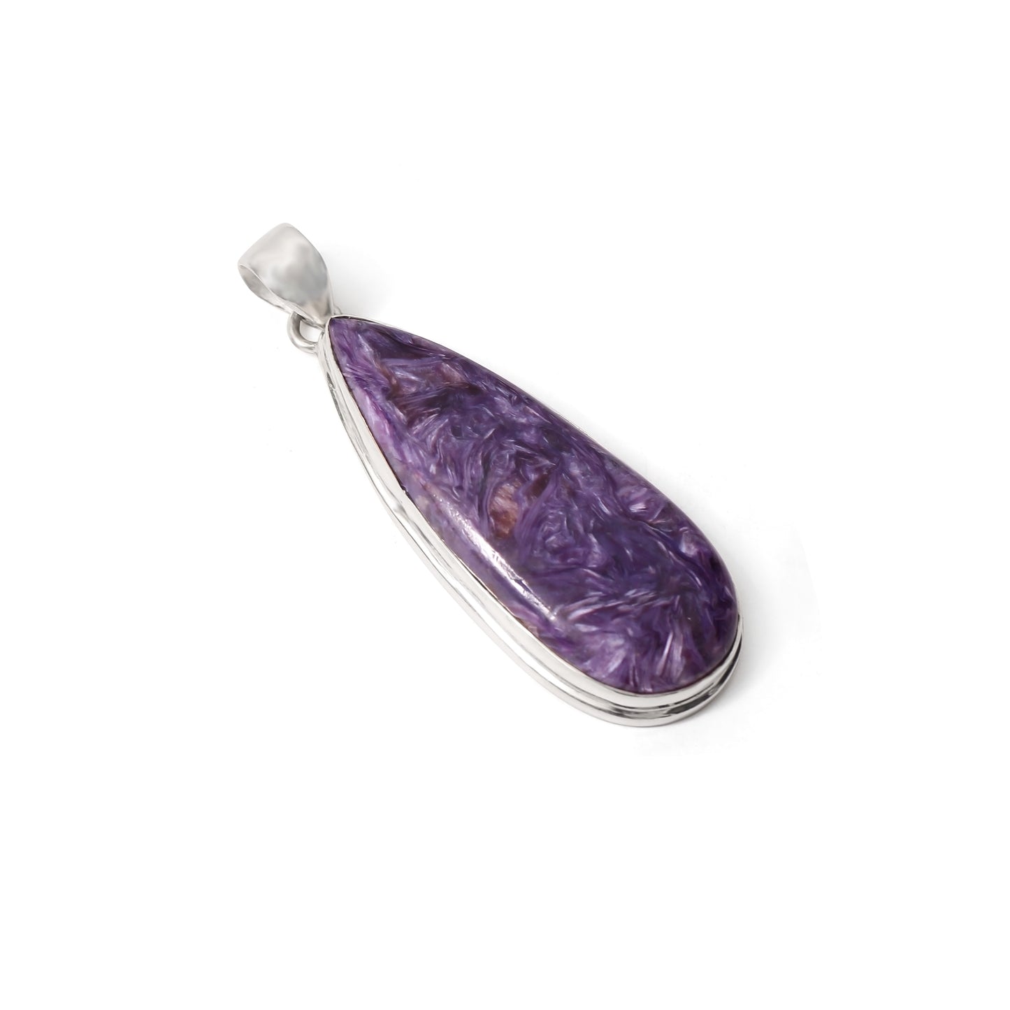 925 Sterling Silver Charoite Pendant Necklace - Teardrop Healing Crystal Jewelry