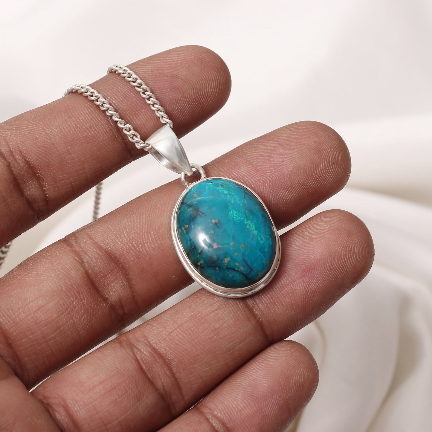 925 Sterling Silver Chrysocolla Oval Pendant Necklace