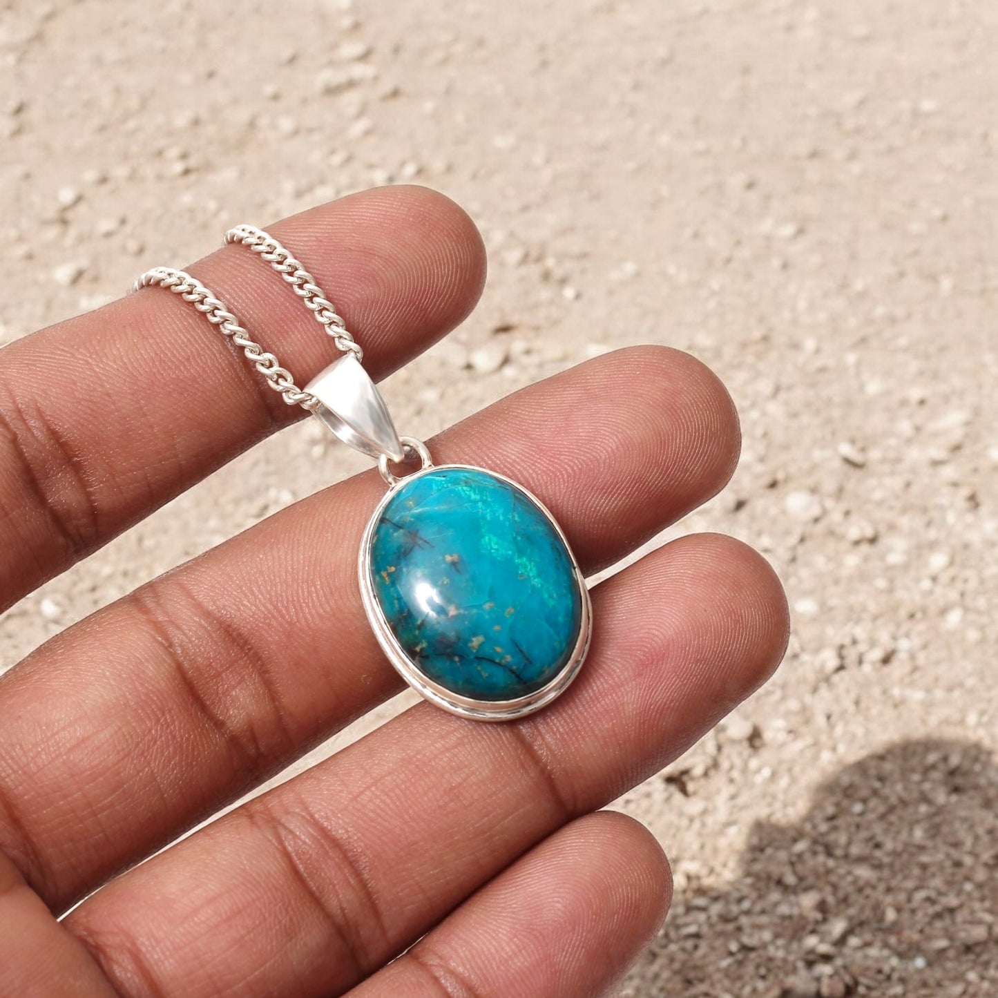 925 Sterling Silver Chrysocolla Oval Pendant Necklace