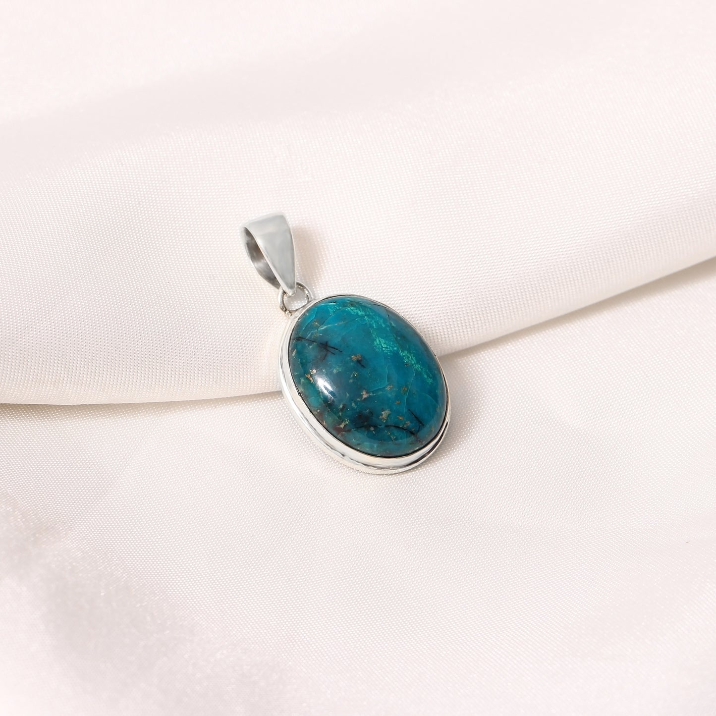 925 Sterling Silver Chrysocolla Oval Pendant Necklace