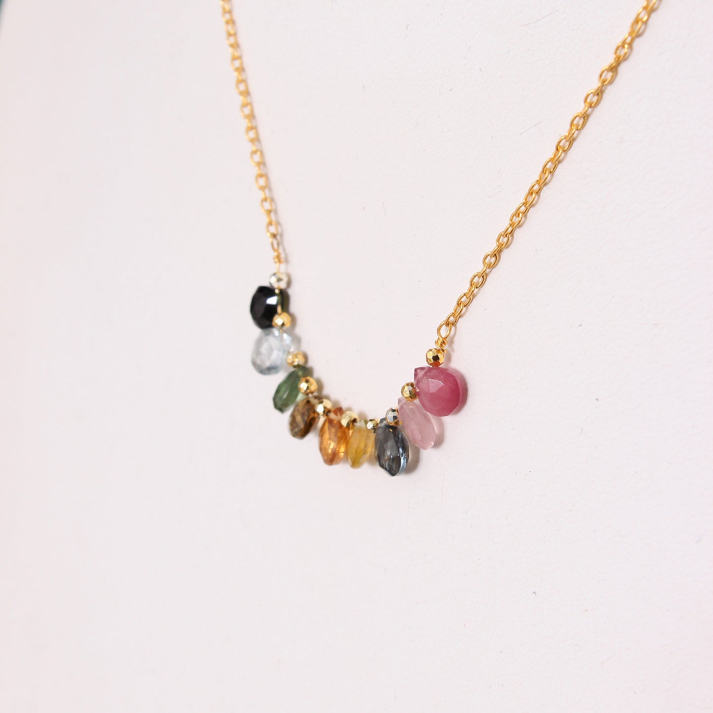Natural Multi Tourmaline Beaded Gemstone Necklace – Gold Plated Chain | Elegant Handmade Jewelry