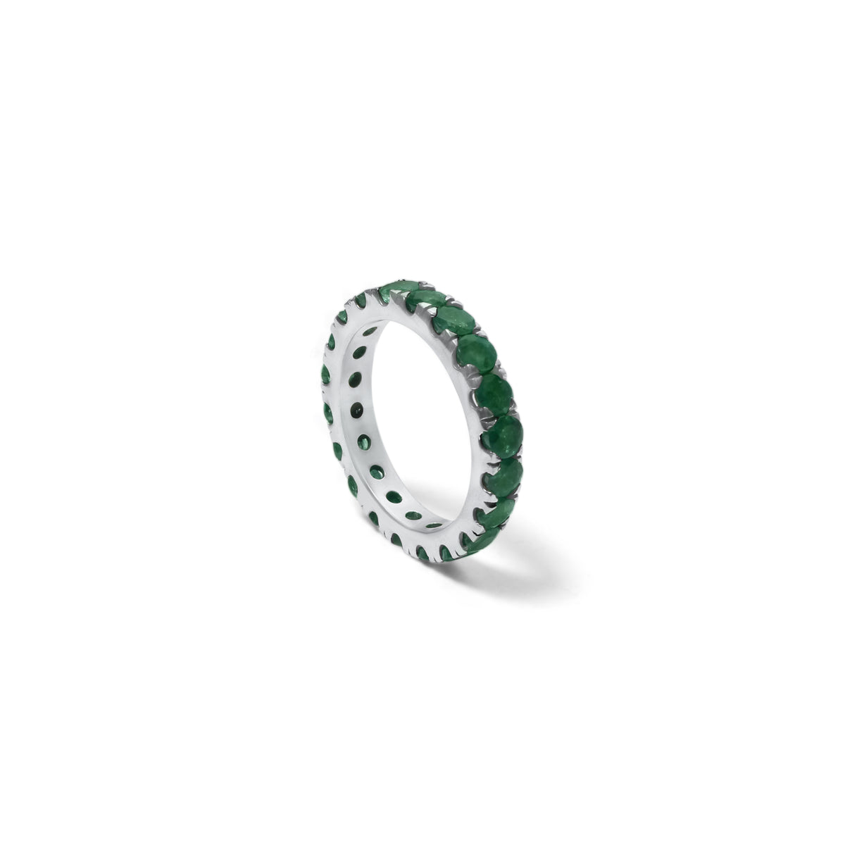 Natural Emerald 3mm Faceted Round Eternity Ring – 925 Sterling Silver Green Gemstone Ring for Prosperity & Growth