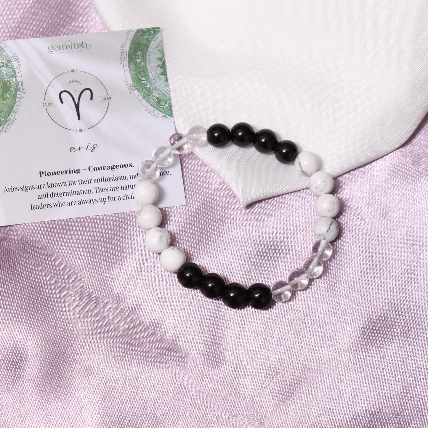 Aries Zodiac Sign Bracelet (Mesh Rashi Bracelet) – Natural Howlite, Black Onyx & Clear Quartz Beads
